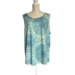 Floral Mandala Print Sleeveless Tunic Top in Turquoise Aqua Blue Round Neck 4XL